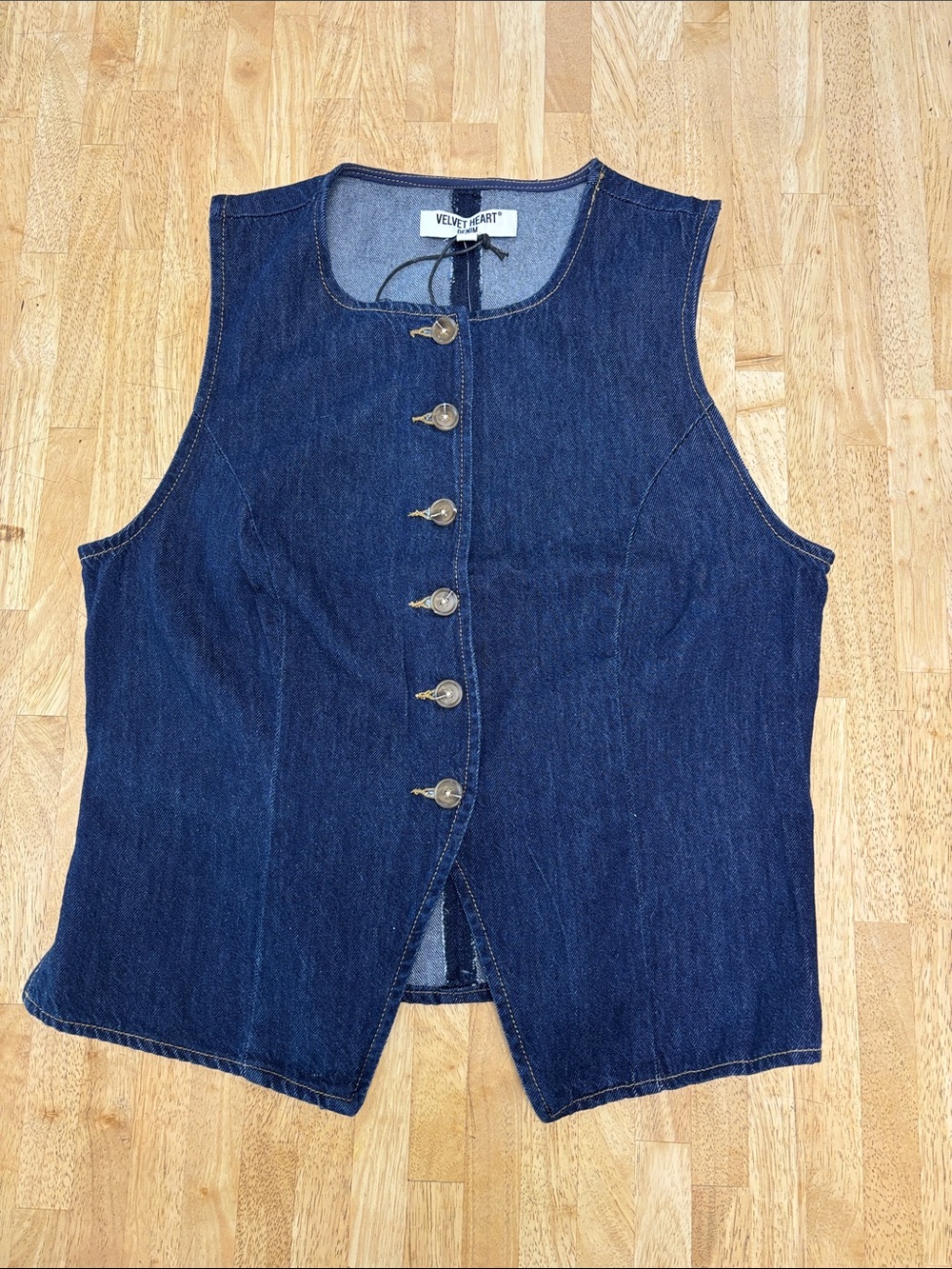 NWT Velvet Heart Ardel Crewneck Denim Vest Button Front Split Hem Blue L